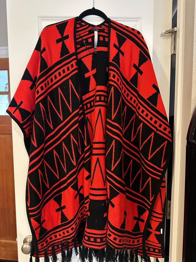 Kensie Red And Black Geometric Knit Poncho